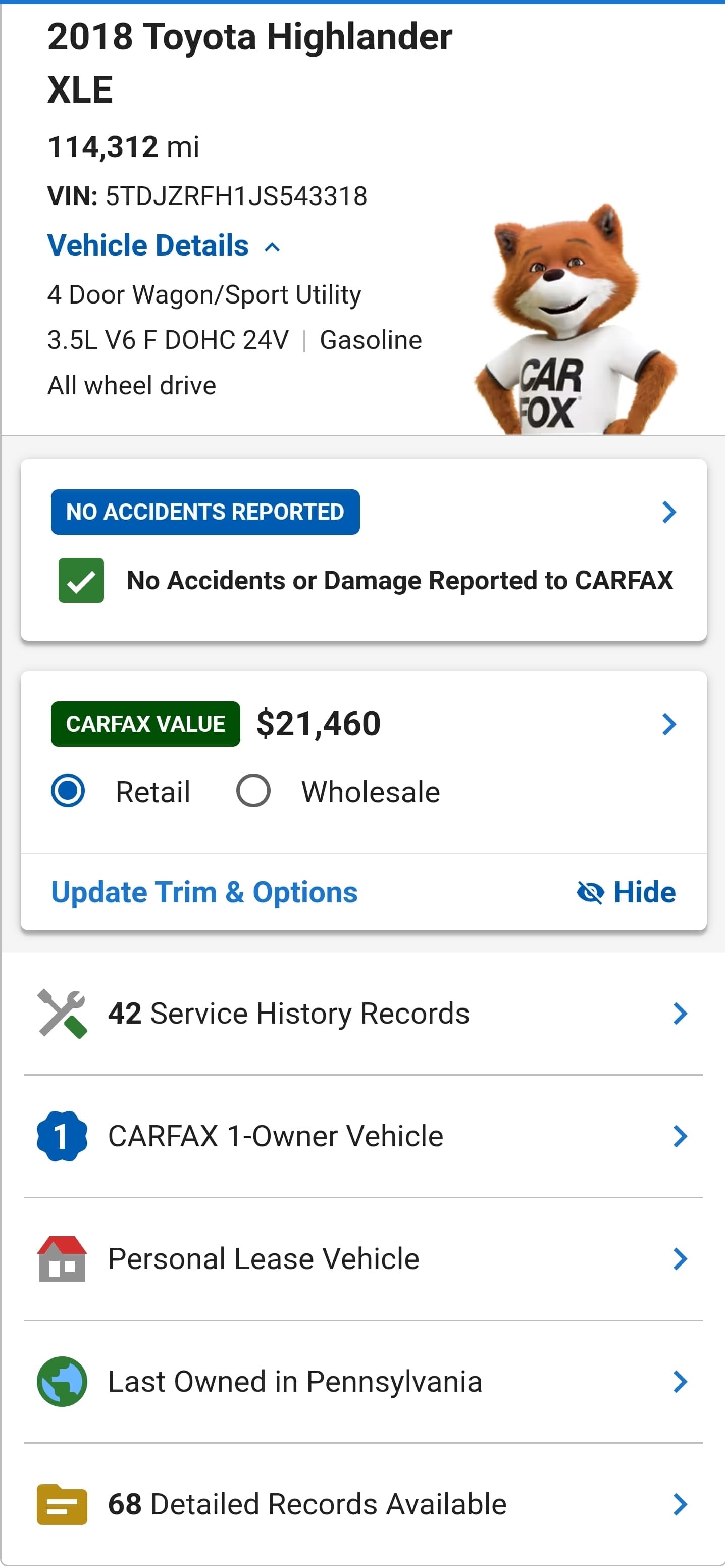 Captura CARFAX del Toyota Highlander 2018