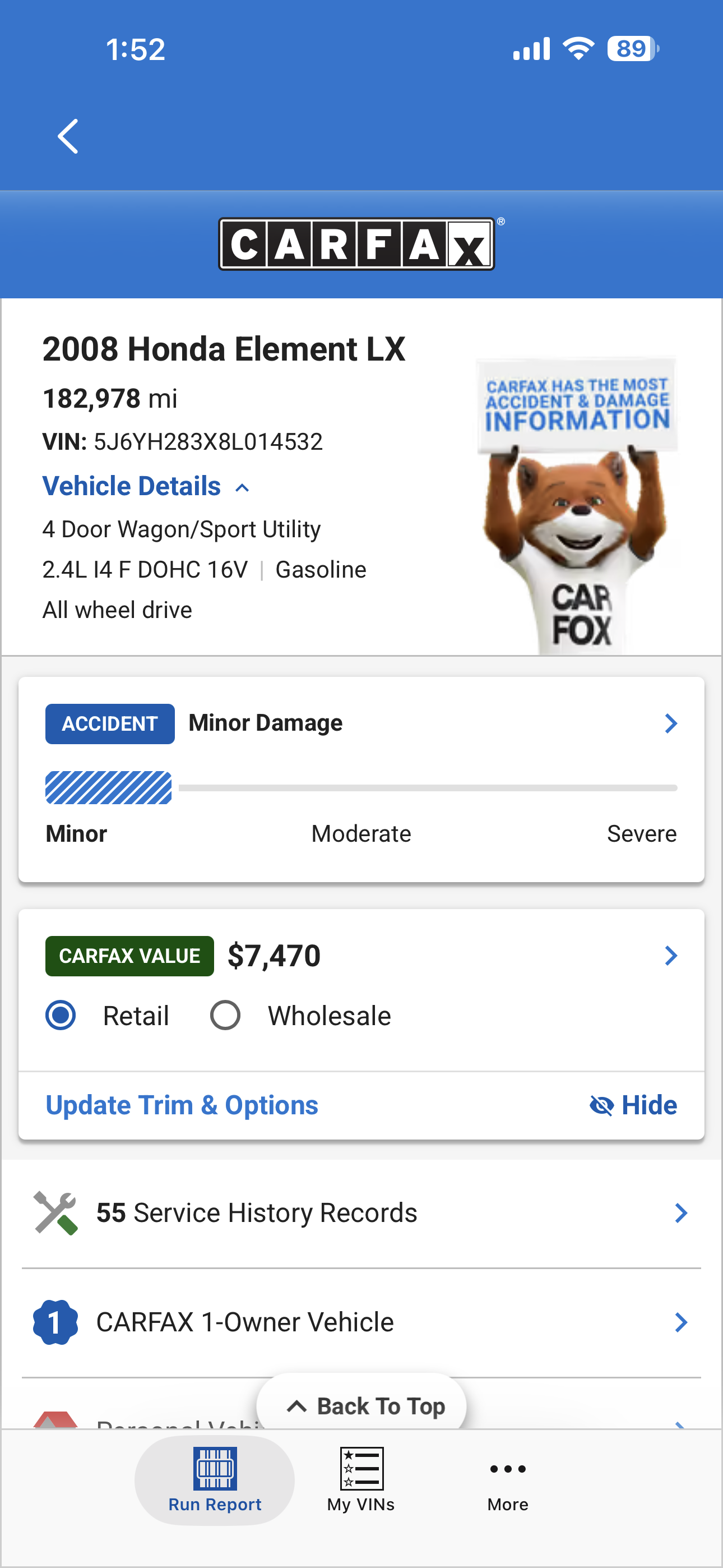 Captura CARFAX del Honda Element 2008, imagen 1
